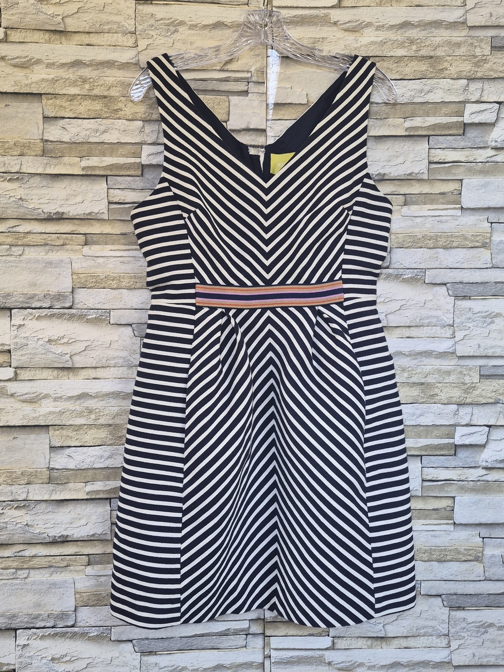 Maeve Chevron Stripe Fit Flare Pockets Dress Sz 12 Navy White Nautical Summer